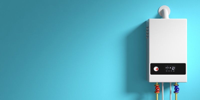 tankless water heater on teal background