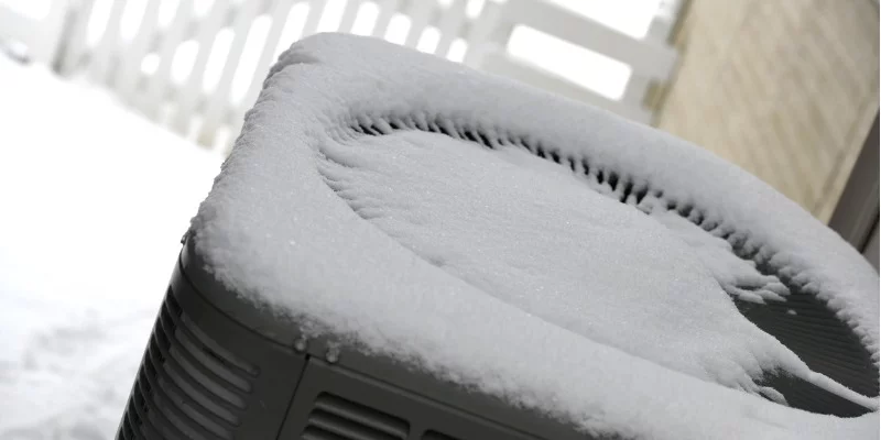 air conditioner compressor unit covered of snow